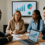 Professionals analyzing impact data in boardroom