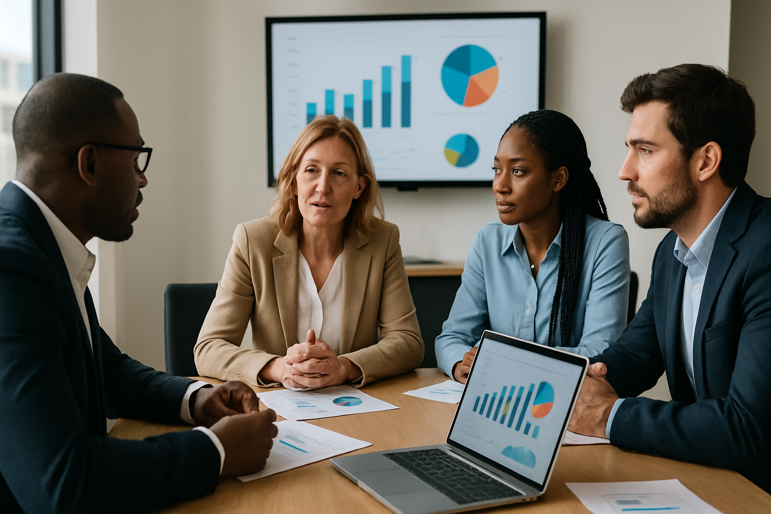 Professionals analyzing impact data in boardroom