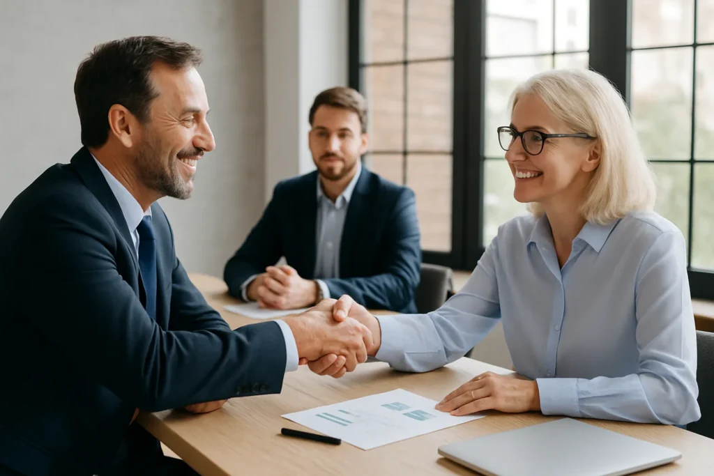 Two professionals shaking hands in modern office
