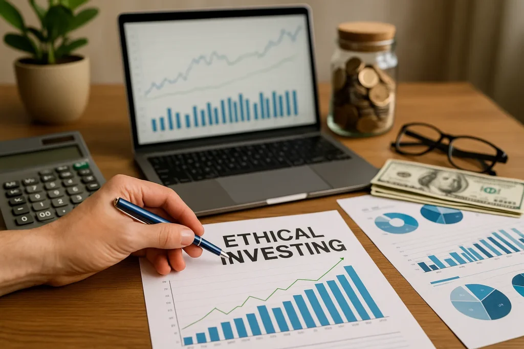 Financial workspace showing charts for ethical investing
