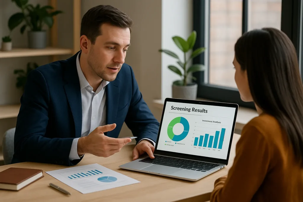 Financial advisor showing personalized screening results to client