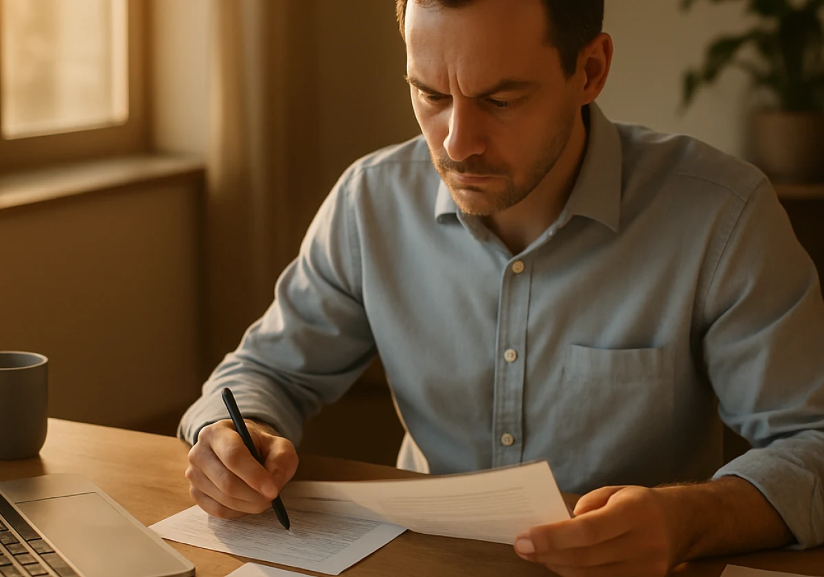 Fund manager in business casual attire at a desk reviewing documents